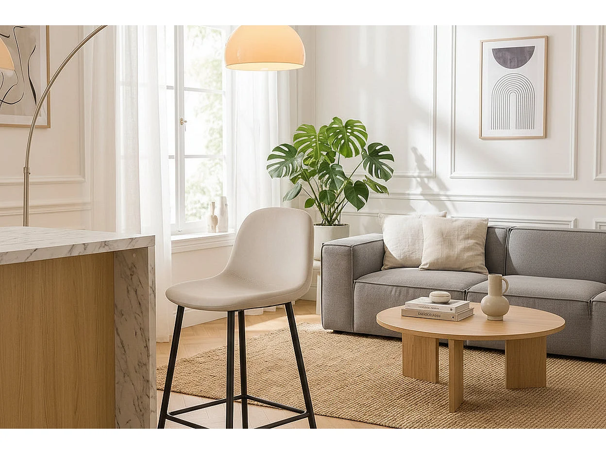 Lot de 2 tabourets de bar velours beige pieds métal noir 69 cm - SCANDINAVE