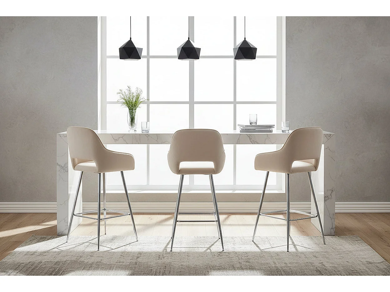 Lot 2 Tabourets de Bar Athena Velours Beige Pieds Chrome 47x41x104cm