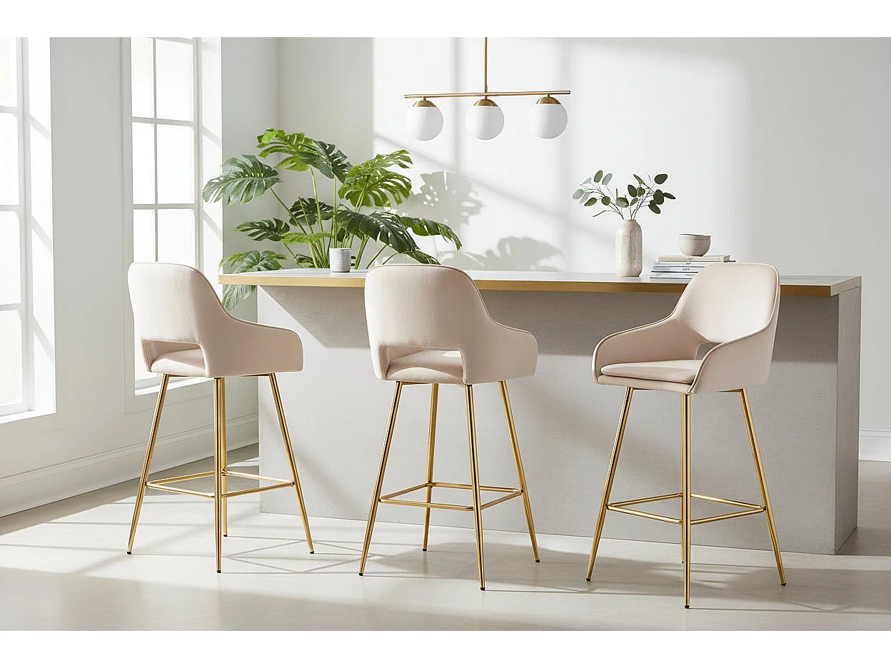 Lot 2 Tabourets de Bar Athena Velours Beige Pieds Gold 47x41x104cm