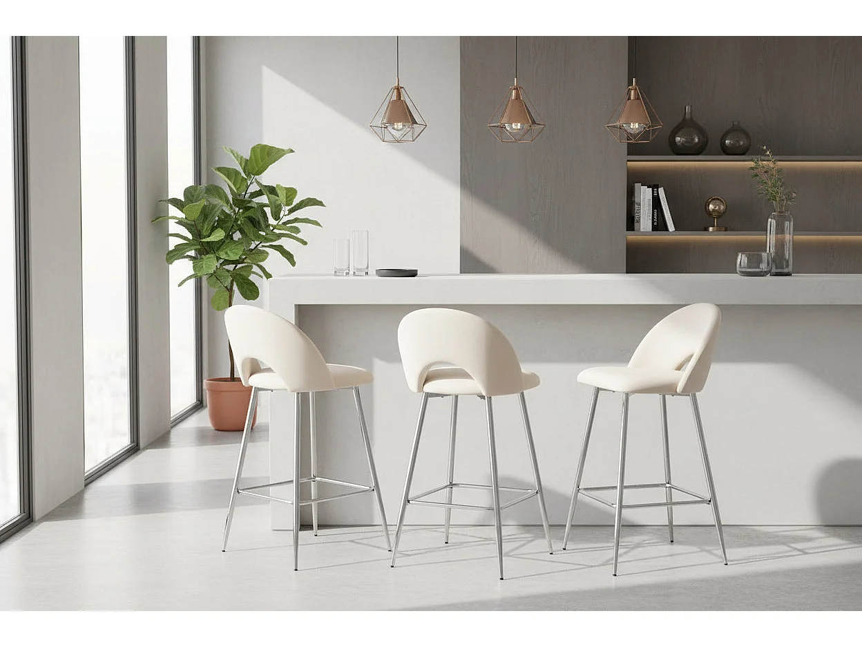 Lot 2 Tabourets de Bar Teddy Velours Beige Pieds Chrome 47x36x98cm
