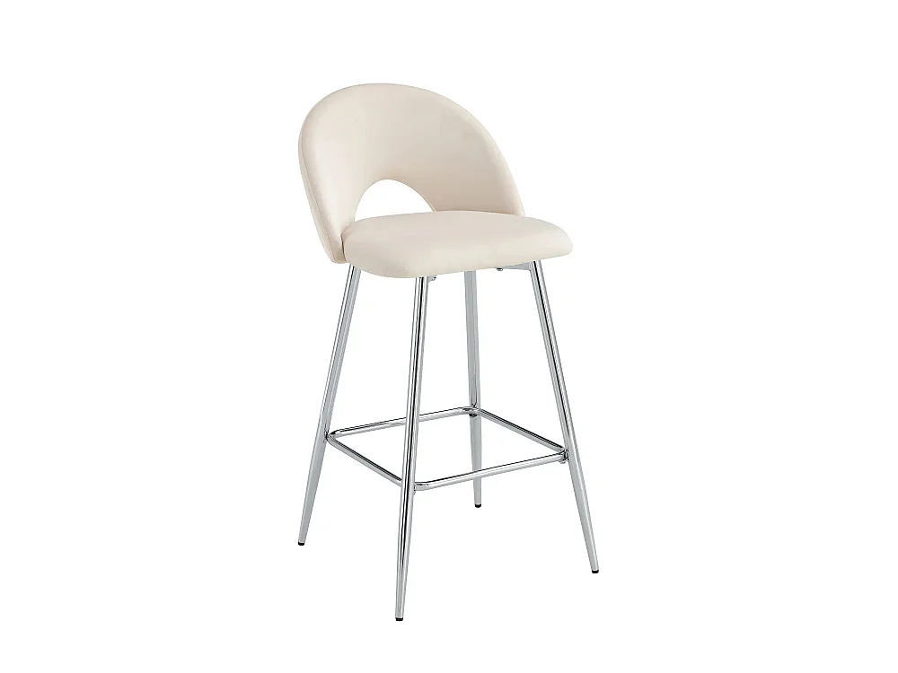 Lot 2 Tabourets de Bar Teddy Velours Beige Pieds Chrome 47x36x98cm