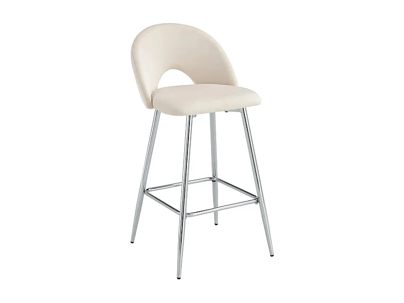 Lot 2 Tabourets de Bar Teddy Velours Beige Pieds Chrome 47x36x98cm