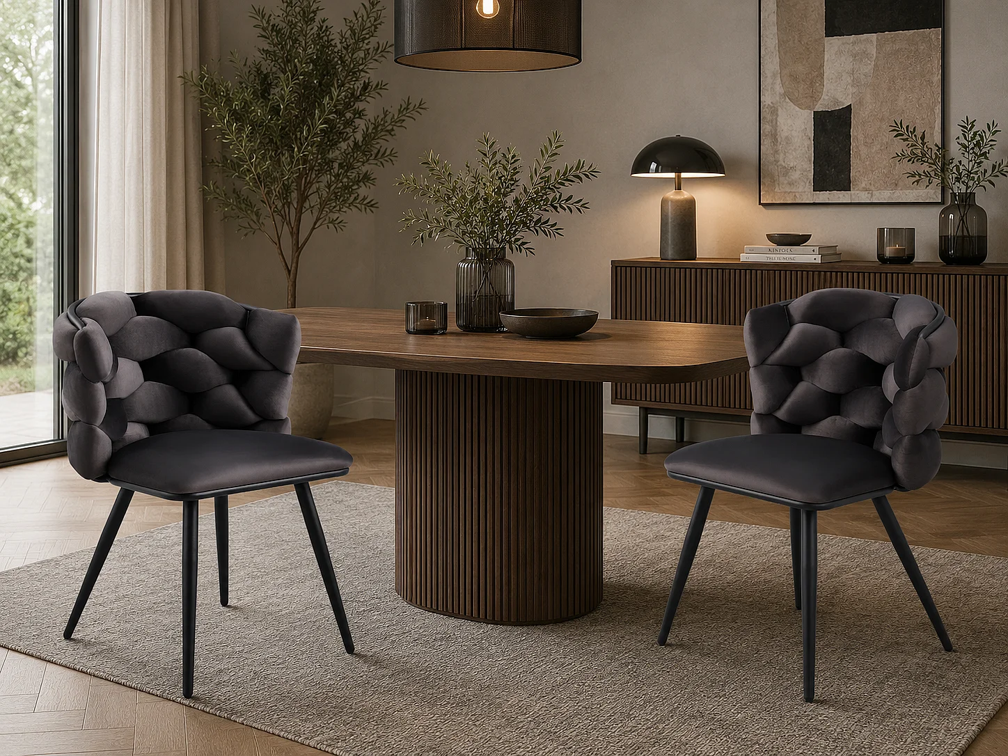 Lot de 2 chaises salle à manger en tissu anthracite pieds métal noir - LOLIPOP