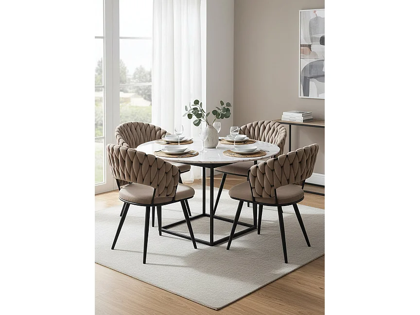 Lot 2 Chaises Salle à Manger Velours Taupe Dossier Tressé Métal Noir CAROLINA