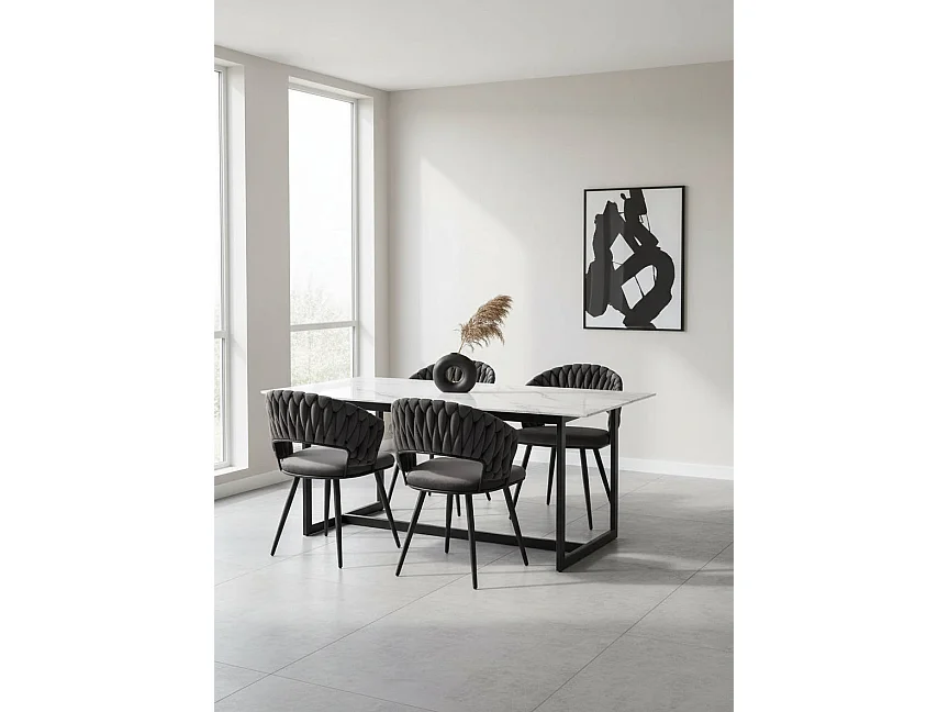 Lot 2 Chaises Salle à Manger Velours Anthracite Dossier Tressé Métal Noir CAROLINA