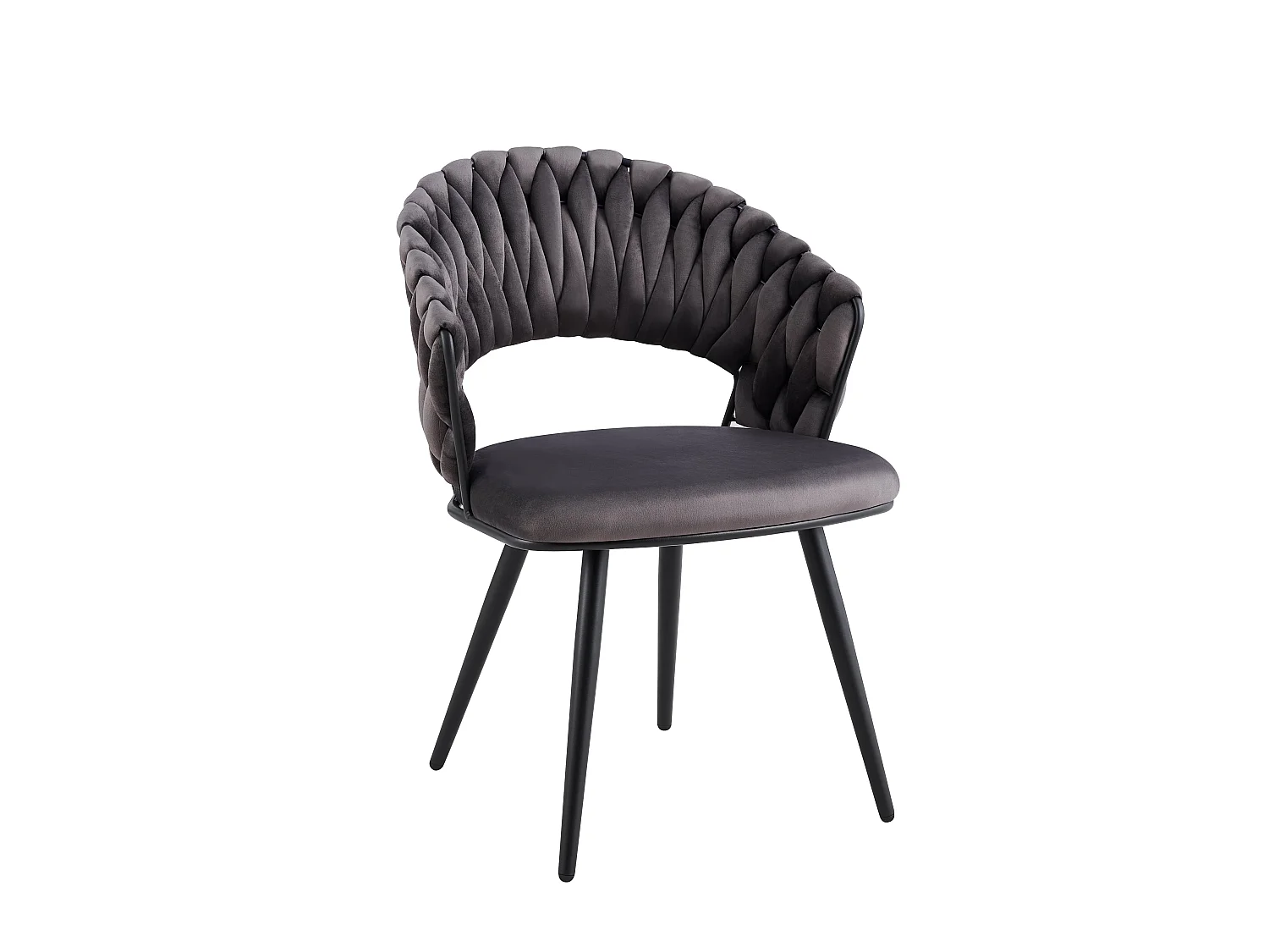 Lot 2 Chaises Salle à Manger Velours Anthracite Dossier Tressé Métal Noir CAROLINA