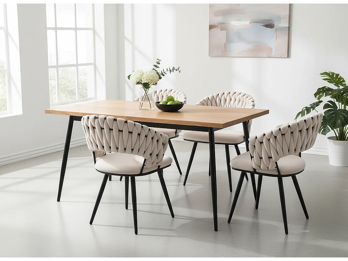 Lot de 2 Chaises Salle à Manger Velours Beige Dossier Tressé Métal Noir CAROLINA