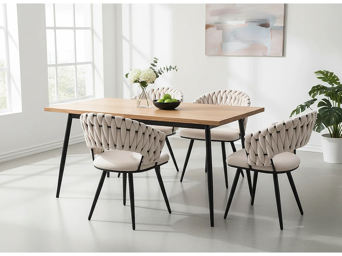 Lot de 2 Chaises Salle à Manger Velours Beige Dossier Tressé Métal Noir CAROLINA