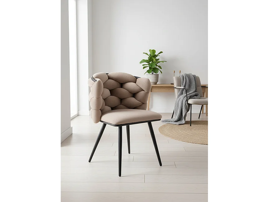 Lot 2 chaises salle à manger tissu taupe dossier tressé pieds noirs