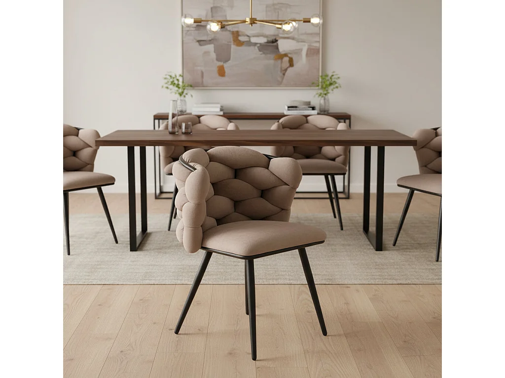 Lot 2 chaises salle à manger tissu taupe dossier tressé pieds noirs