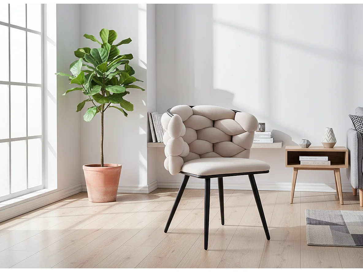 Lot 2 Chaises Salle à Manger Tissu Beige Dossier Tressé 60x60x77cm LOLIPOP