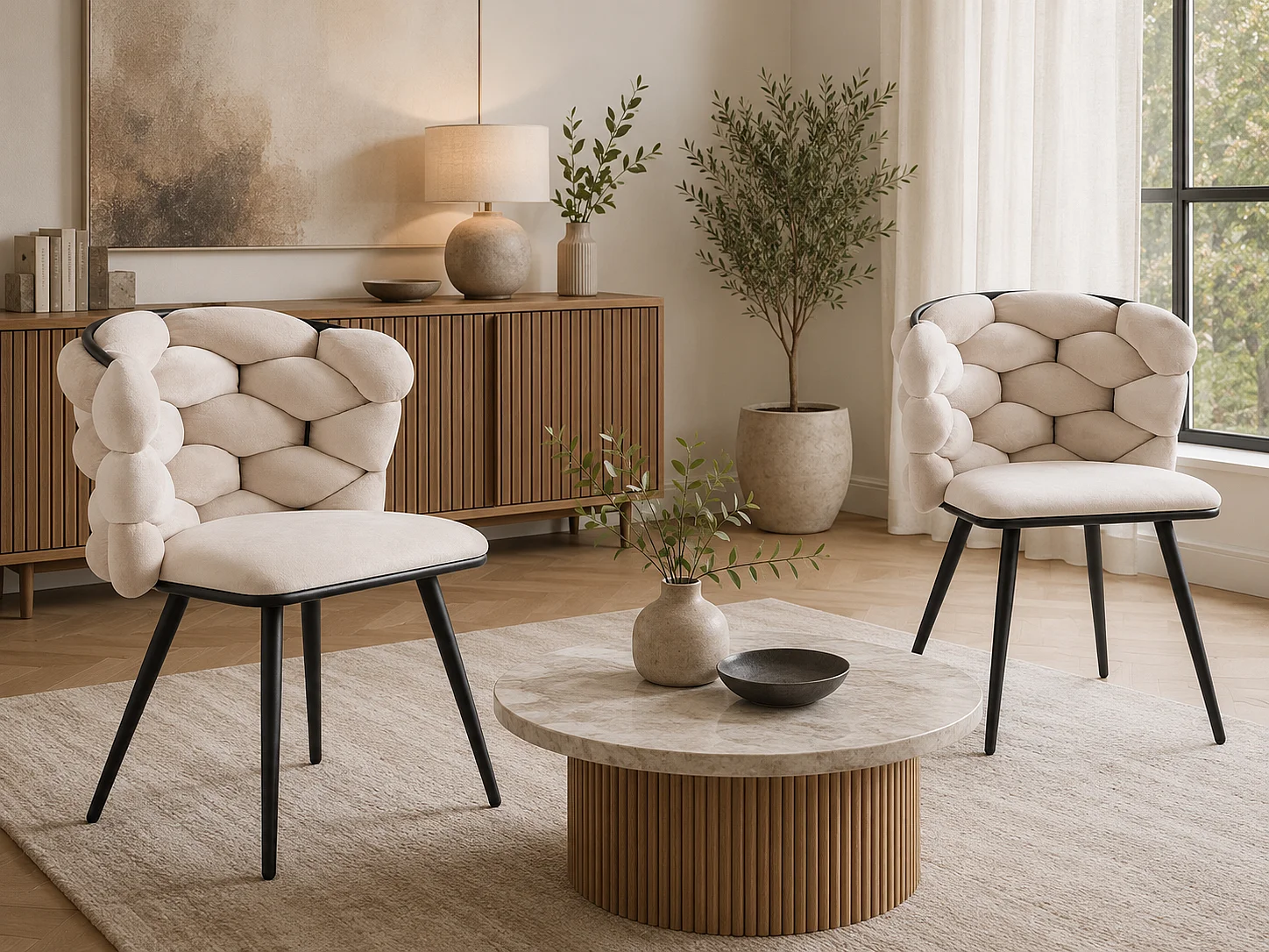 Lot de 2 chaises salle à manger en tissu beige pieds métal noir - LOLIPOP