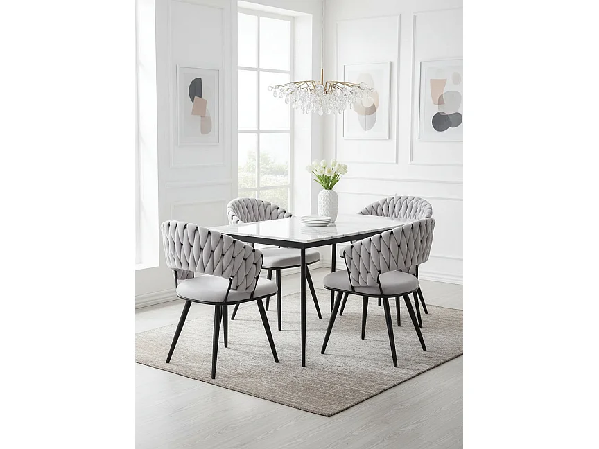 Lot 2 Chaises Salle à Manger Velours Gris Dossier Tressé Métal Noir CAROLINA