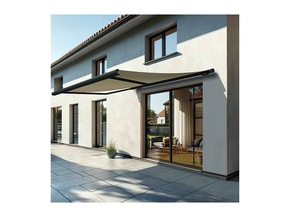 Store banne coffre MEEL 4,00x3,50m (Motorisé à télécommande + manœuvre de secours - Ecru - Gris anthracite)