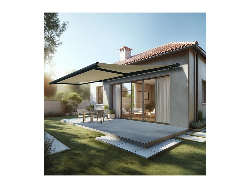 Store banne coffre MEEL 6,00x3,00m (Manuelle - Ecru - Gris anthracite)