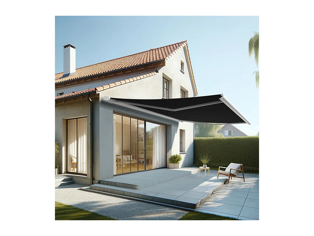 Store banne coffre MEEL 6,00x3,50m (Motorisé à interrupteur + manœuvre de secours - Noir - Blanc)