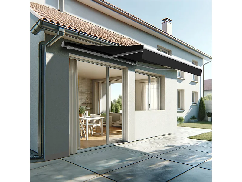 Store banne monobloc ESPAI 4,00x3,00m (Motorisé à interrupteur + manœuvre de secours - Noir - Blanc)