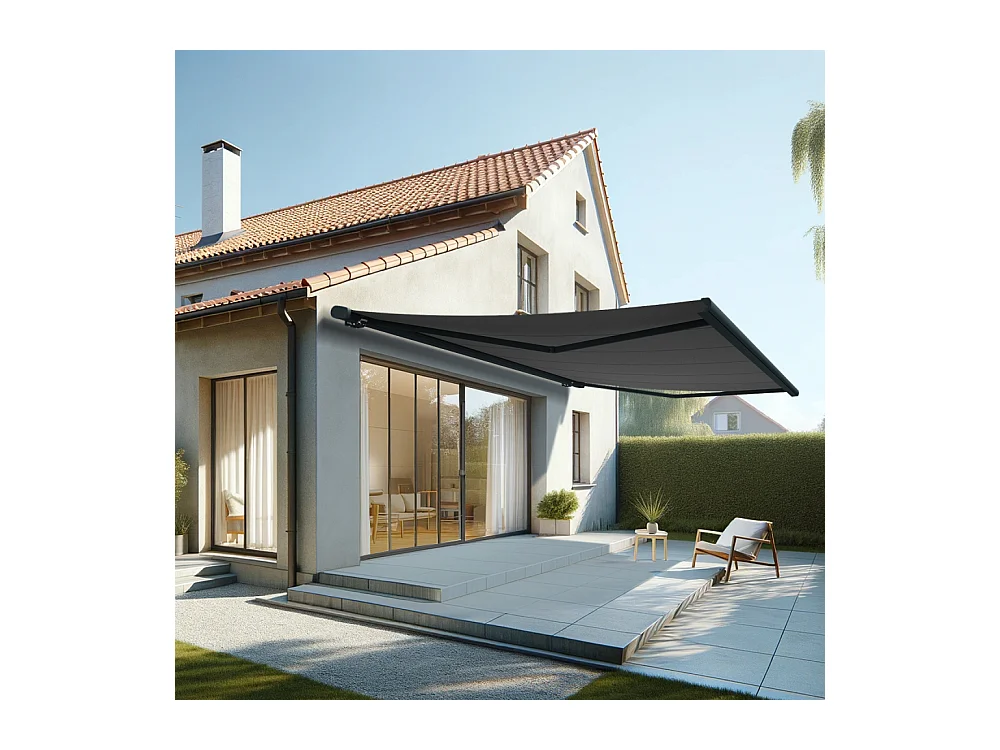 Store banne coffre MEEL 6,00x3,50m (Motorisé à interrupteur + manœuvre de secours - Gris Graphite - Gris anthracite)