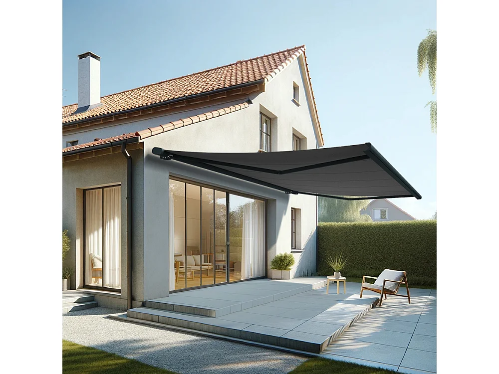 Store banne coffre MEEL 6,00x3,50m (Motorisé à interrupteur + manœuvre de secours - Gris Graphite - Gris anthracite)