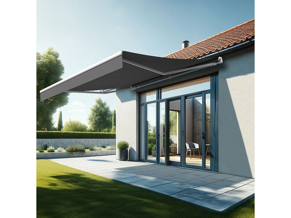 Store banne monobloc ESPAI 4,00x3,50m (Motorisé à télécommande + manœuvre de secours - Gris Graphite - Blanc)