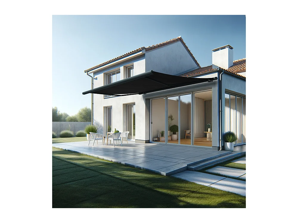Store banne coffre MEEL 5,00x3,50m (Motorisé à télécommande + manœuvre de secours - Noir - Gris anthracite)