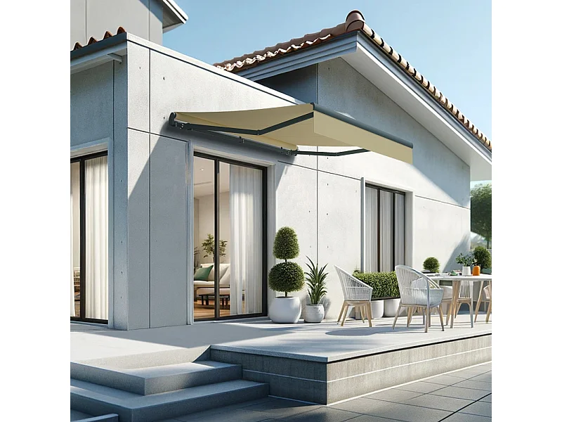 Store banne monobloc ESPAI 3,00x2,00m (Motorisé à télécommande + manœuvre de secours - Ecru - Gris anthracite)