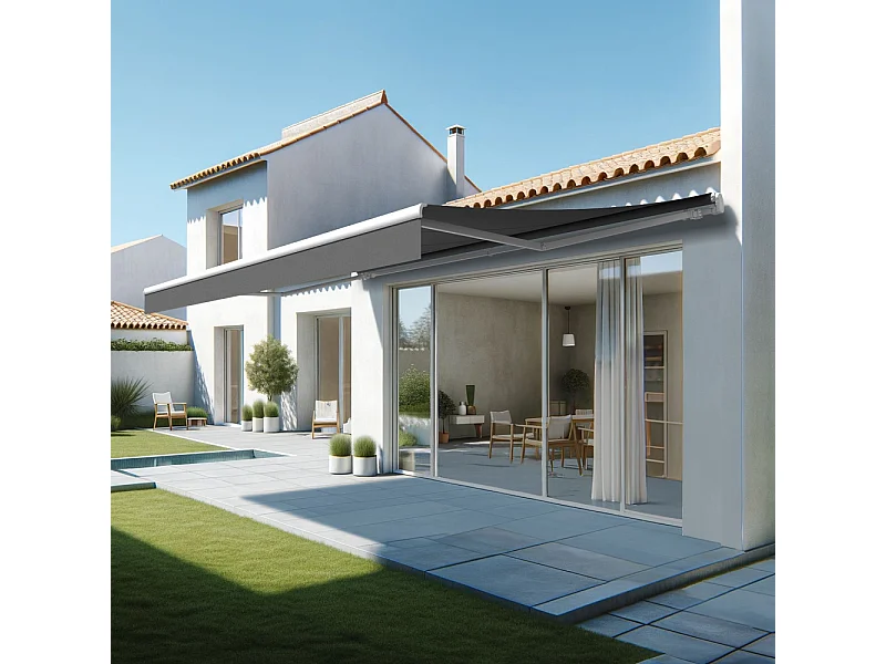 Store banne monobloc ESPAI 6,00x3,00m (Motorisé à télécommande + manœuvre de secours - Gris Graphite - Blanc)