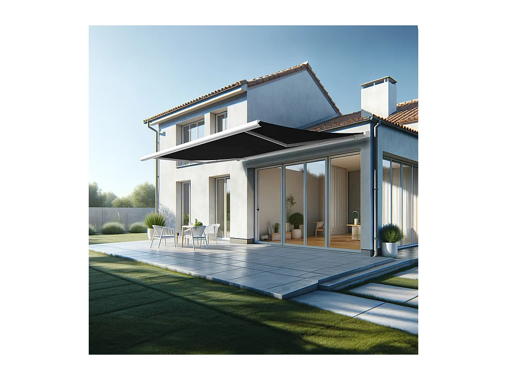 Store banne coffre MEEL 5,00x3,50m (Motorisé Secours à Télécommande + LED - Noir - Blanc)