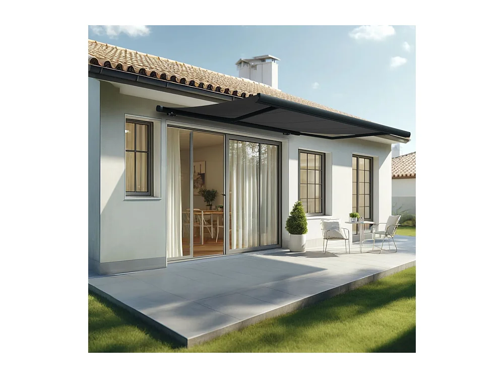 Store banne coffre MEEL 4,00x3,00m (Motorisé à interrupteur + manœuvre de secours - Gris Graphite - Gris anthracite)