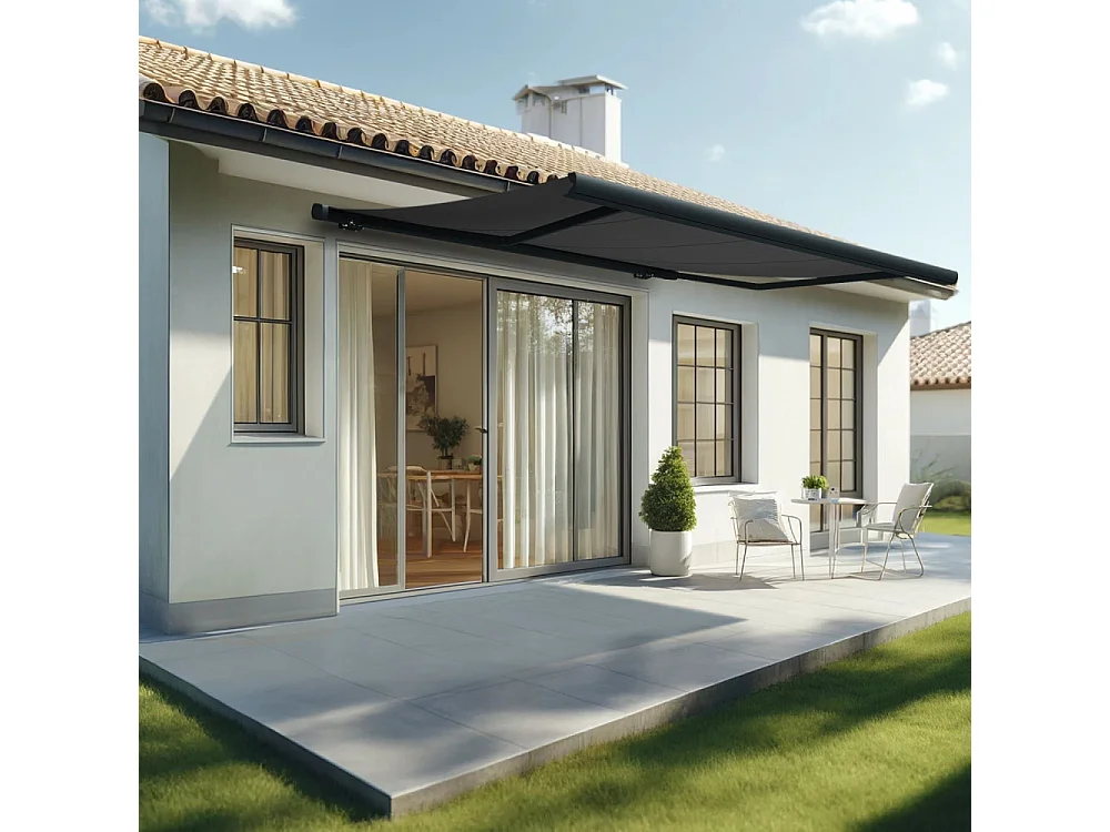 Store banne coffre MEEL 4,00x3,00m (Motorisé à interrupteur + manœuvre de secours - Gris Graphite - Gris anthracite)