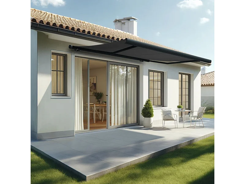 Store banne coffre MEEL 4,00x3,00m (Motorisé à interrupteur + manœuvre de secours - Gris Graphite - Gris anthracite)