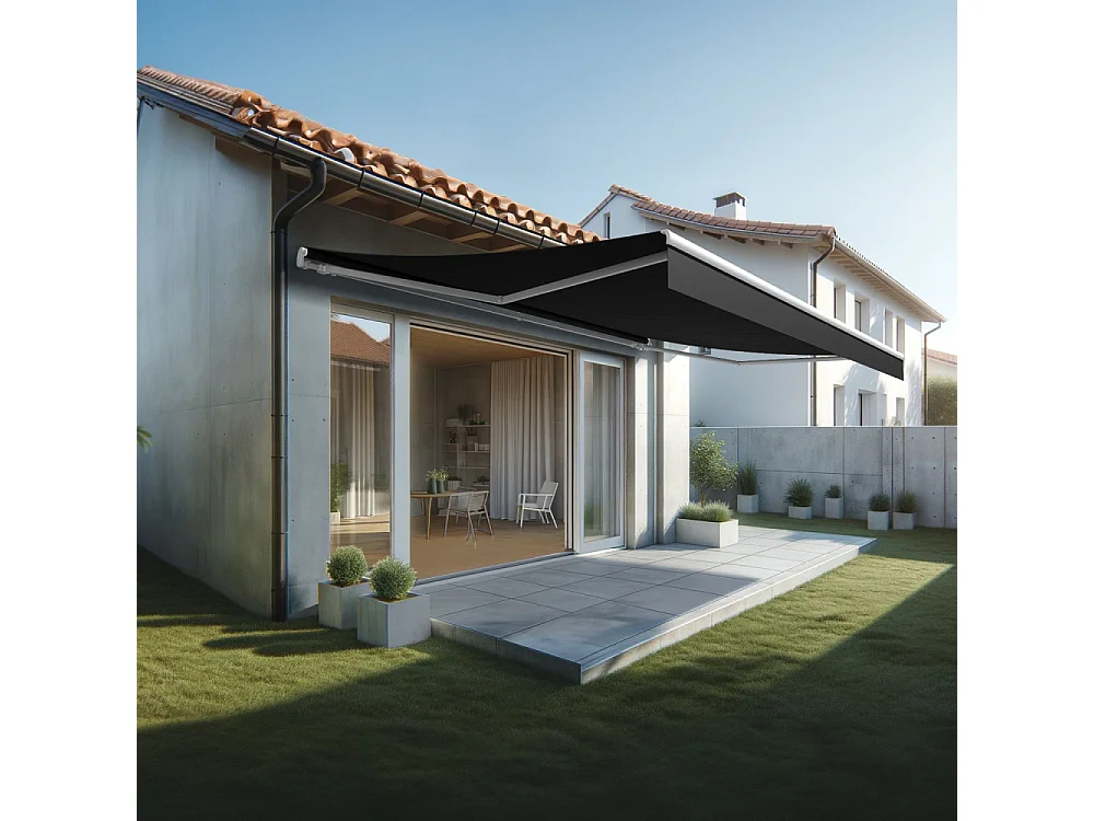 Store banne monobloc ESPAI 6,00x3,50m (Motorisé à interrupteur + manœuvre de secours - Noir - Blanc)