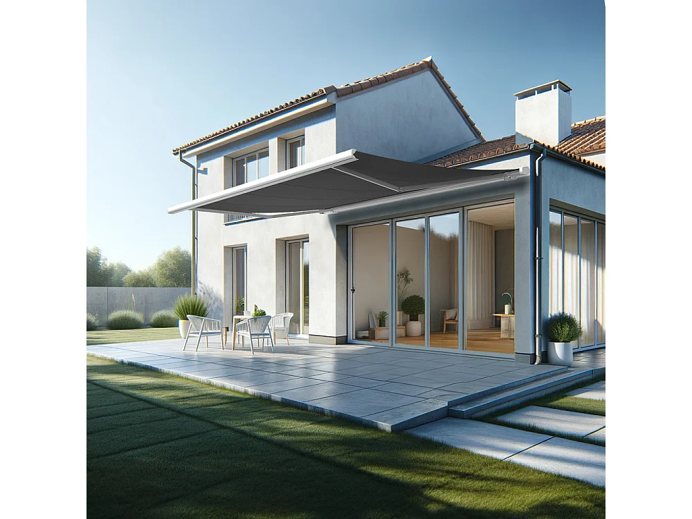 Store banne coffre MEEL 5,00x3,50m (Manuelle - Gris Graphite - Blanc)