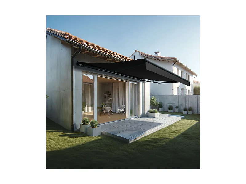 Store banne monobloc ESPAI 6,00x3,50m (Motorisé à interrupteur + manœuvre de secours - Noir - Gris anthracite)