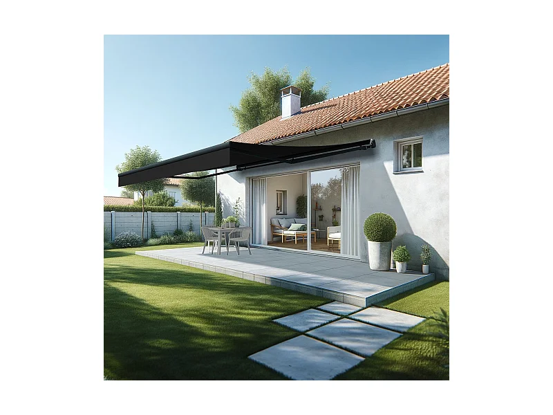 Store banne monobloc ESPAI 5,00x3,50m (Motorisé à interrupteur + manœuvre de secours - Noir - Gris anthracite)