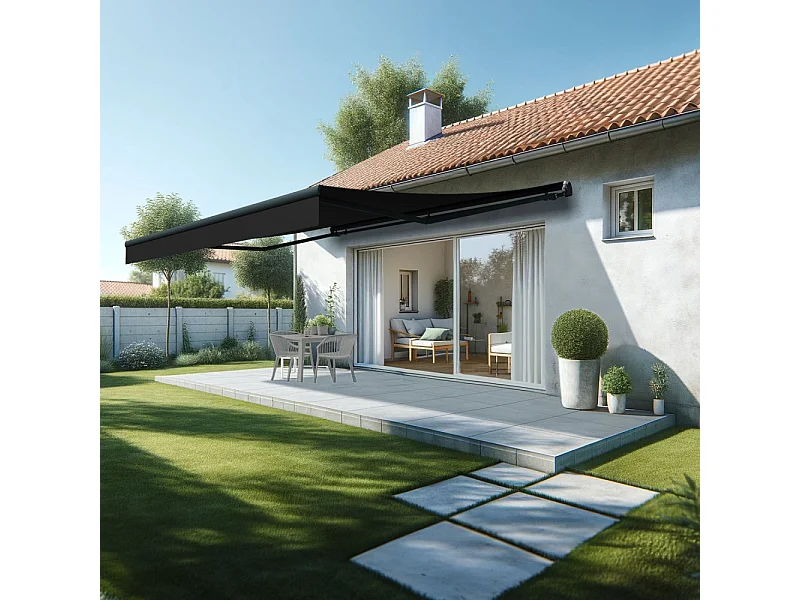 Store banne monobloc ESPAI 5,00x3,50m (Motorisé à interrupteur + manœuvre de secours - Noir - Gris anthracite)