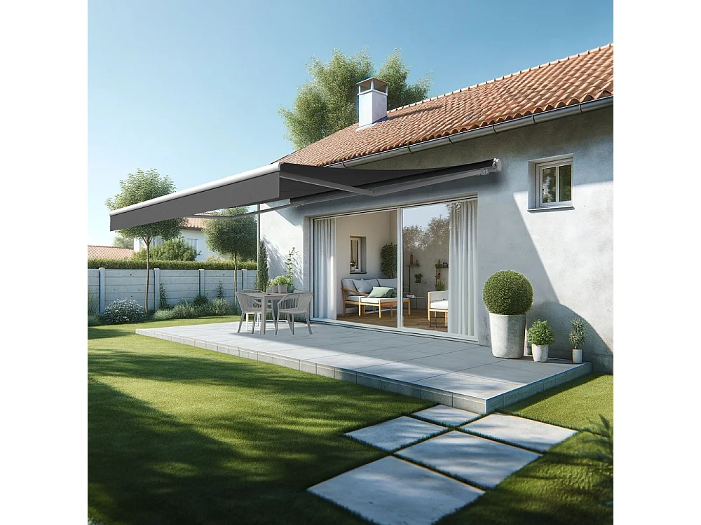 Store banne monobloc ESPAI 5,00x3,50m (Motorisé à télécommande + manœuvre de secours - Gris Graphite - Blanc)