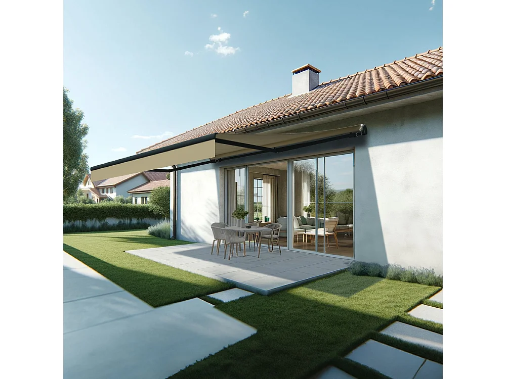 Store banne monobloc ESPAI 5,00x3,00m (Motorisé à interrupteur + manœuvre de secours - Ecru - Gris anthracite)