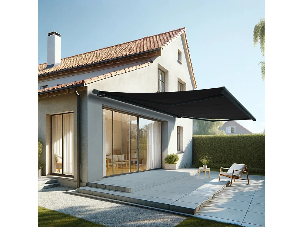 Store banne coffre MEEL 6,00x3,50m (Motorisé à télécommande + manœuvre de secours - Noir - Gris anthracite)