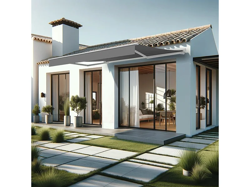 Store banne semi-coffre SARARI 4,00x3,00m (Manuelle - Gris Graphite - Blanc)