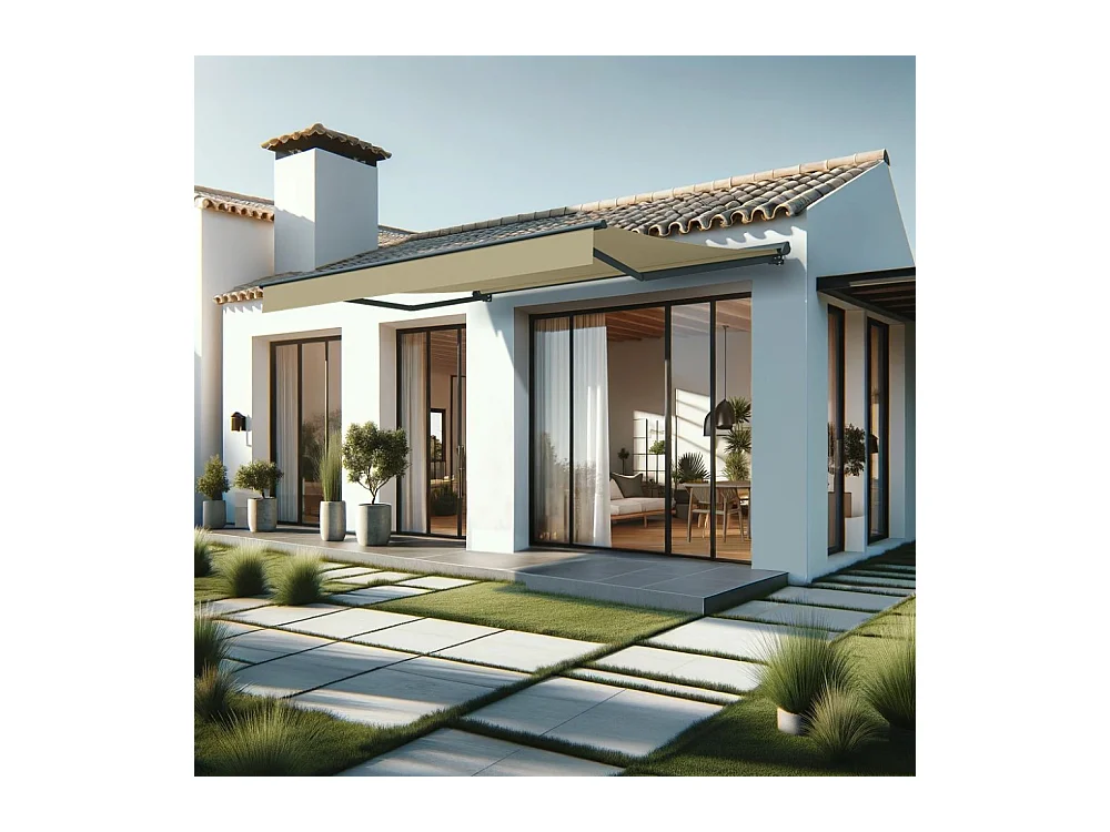 Store banne semi-coffre SARARI 4,00x3,00m (Motorisé à interrupteur + manœuvre de secours - Ecru - Gris anthracite)