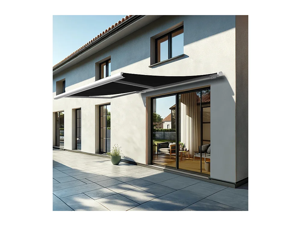 Store banne coffre MEEL 4,00x3,50m (Motorisé à interrupteur + manœuvre de secours - Noir - Blanc)