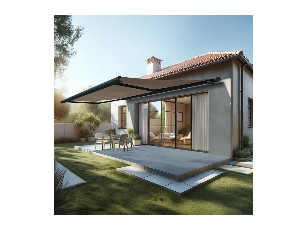 Store banne coffre MEEL 6,00x3,00m (Motorisé à interrupteur + manœuvre de secours - Taupe - Gris anthracite)