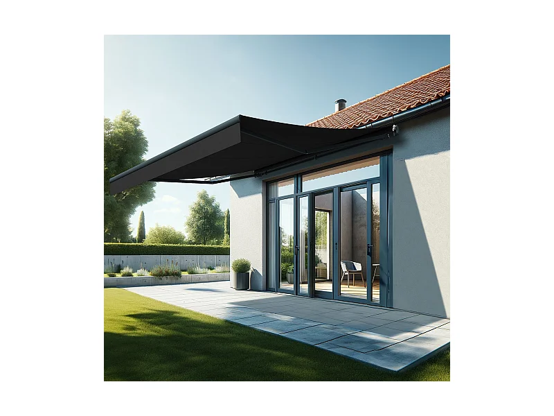 Store banne monobloc ESPAI 4,00x3,50m (Motorisé à interrupteur + manœuvre de secours - Noir - Gris anthracite)