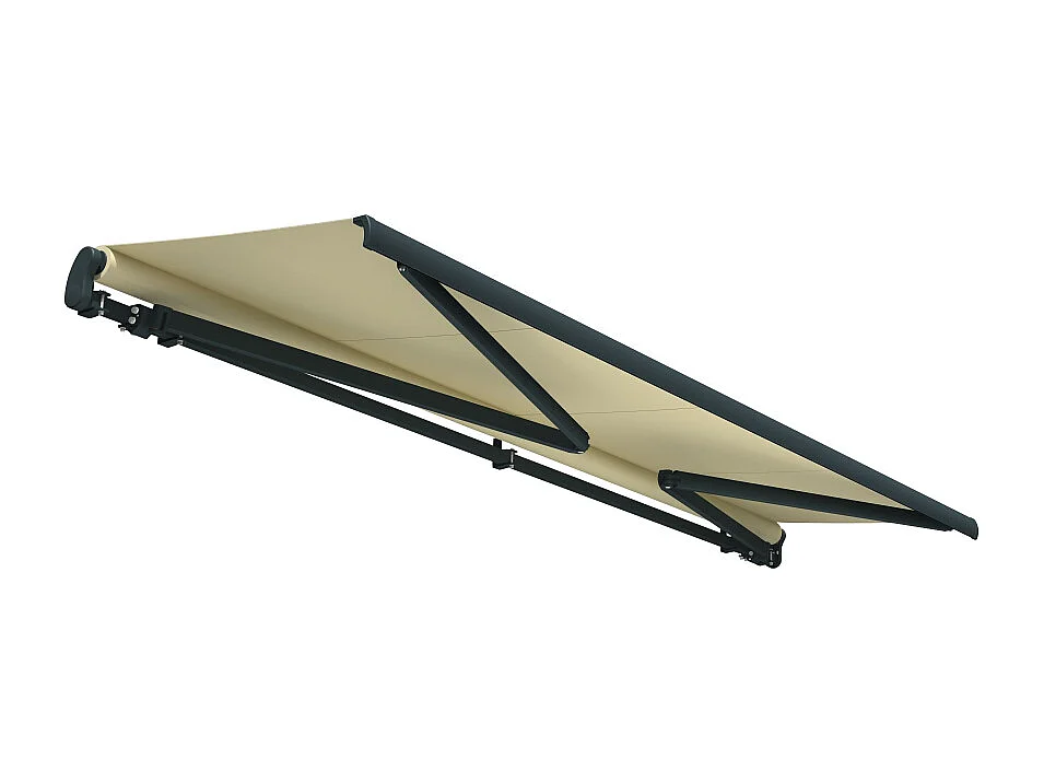 Store banne monobloc ESPAI 5,00x3,50m (Motorisé à télécommande + manœuvre de secours - Ecru - Gris anthracite)