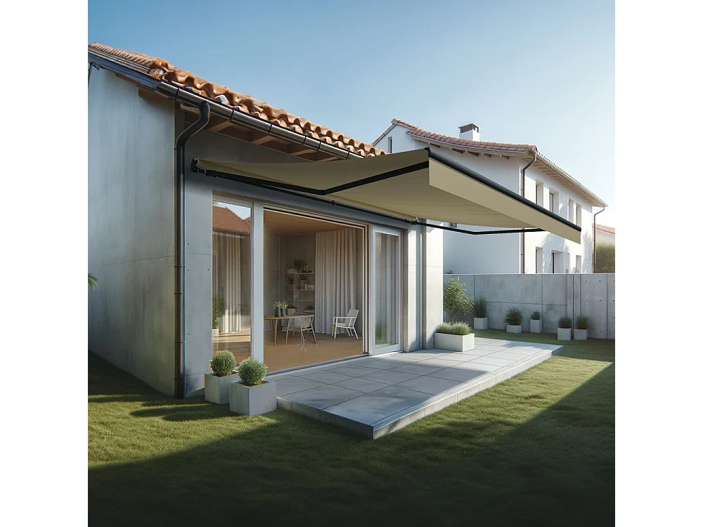 Store banne monobloc ESPAI 6,00x3,50m (Motorisé à télécommande + manœuvre de secours - Ecru - Gris anthracite)