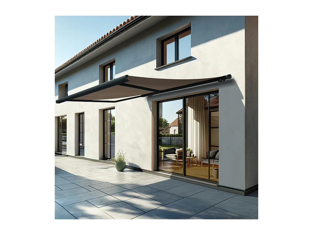 Store banne coffre MEEL 4,00x3,50m (Motorisé Secours à Télécommande + LED - Taupe - Gris anthracite)