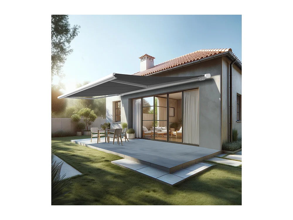 Store banne coffre MEEL 6,00x3,00m (Motorisé à interrupteur + manœuvre de secours - Gris Graphite - Blanc)
