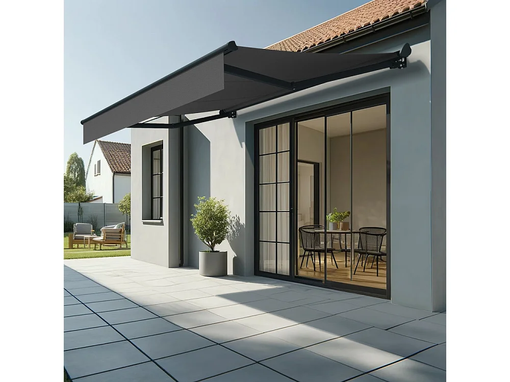 Store banne semi-coffre SARARI 3,00x2,00m (Motorisé à interrupteur + manœuvre de secours - Gris Graphite - Gris anthracite)