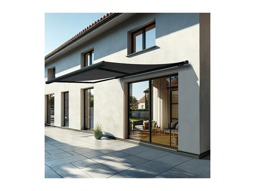 Store banne coffre MEEL 4,00x3,50m (Motorisé à télécommande + manœuvre de secours - Gris Graphite - Gris anthracite)